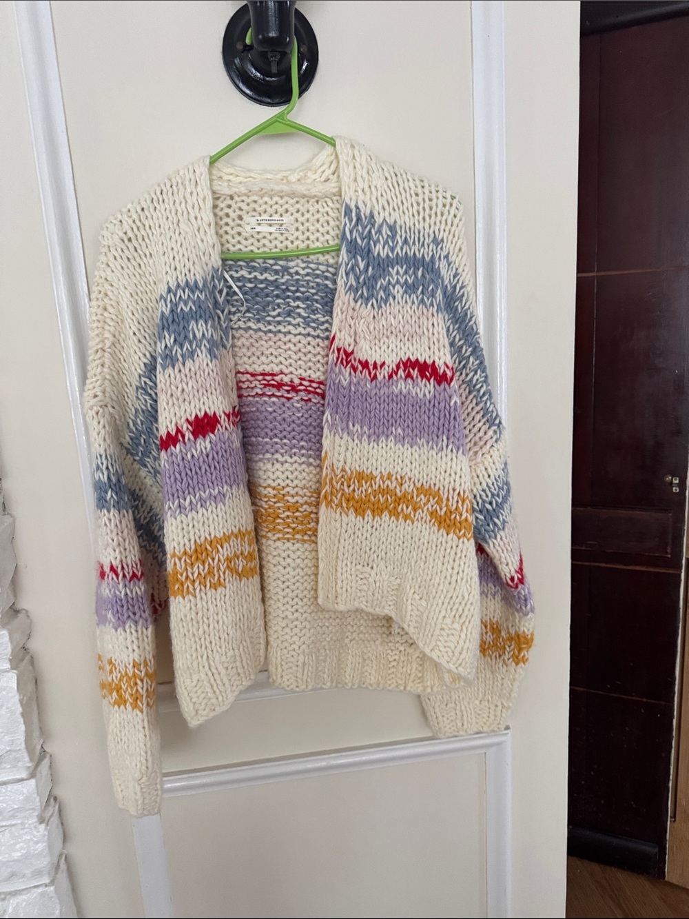 Anthropologie Cream Open-Front Chunky Striped Cardigan